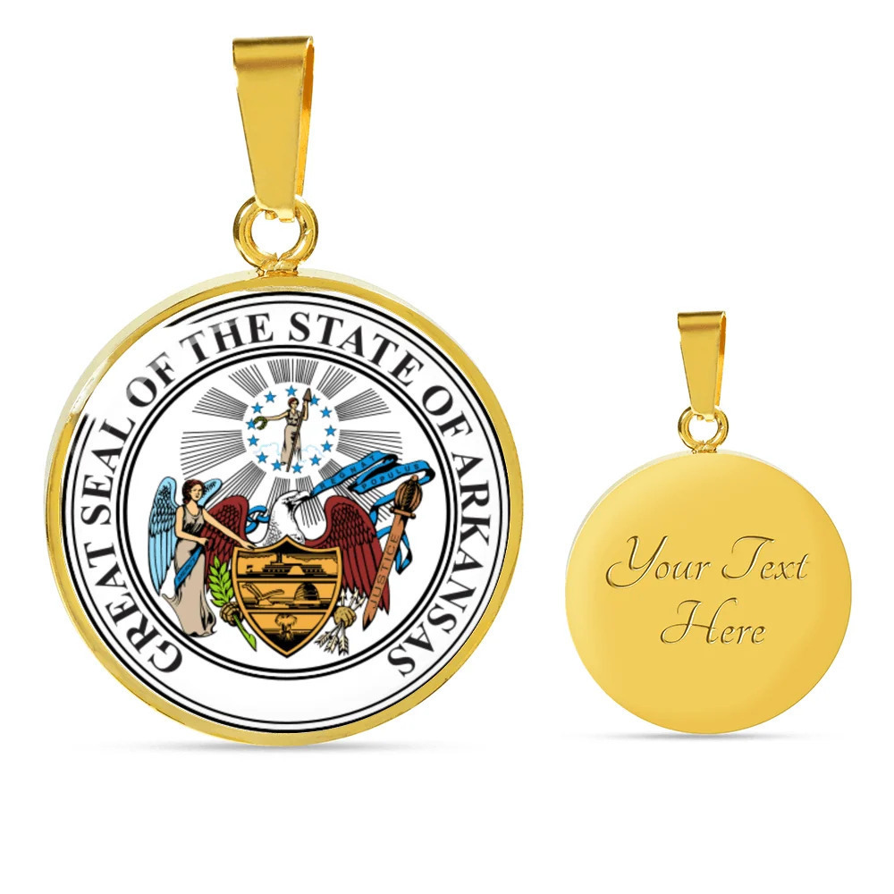 Arkansas State Seal Personalized Engraved Gold Circle Necklace Custom Name Date